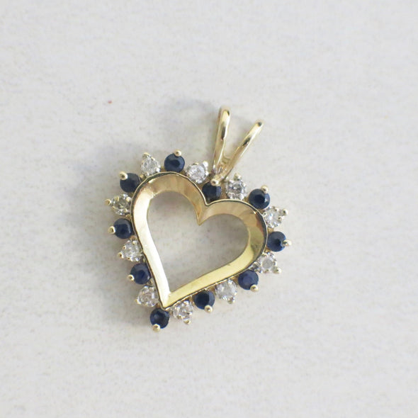 10K Yellow Gold Diamond Sapphire Open Heart Pendant Vintage Love Jewelry