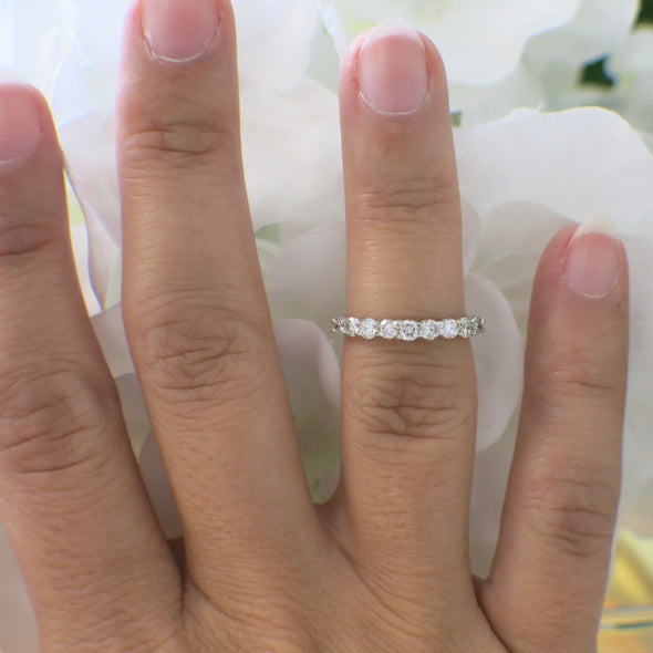 14K White Gold Diamond Wedding Band | 9-Stone Shared Prong Ring | .45 CTW Stackable Band | Size 4.5 | Round Brilliant Anniversary Ring
