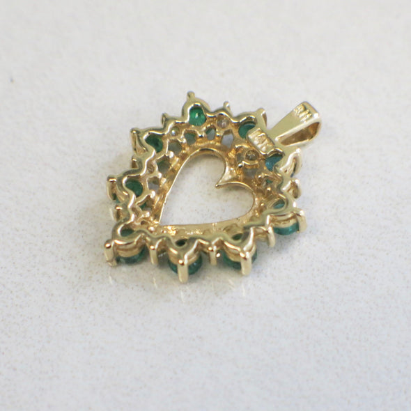 14K Gold Emerald Diamond Heart Pendant Vintage Style May Birthstone