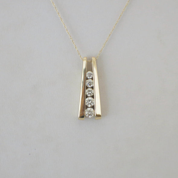 14K Yellow Gold Diamond Journey Pendant Necklace • Five Stone Vertical Necklace • .40ct Diamond Bar Necklace • Gold Pendant Necklace Gift