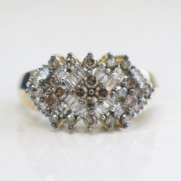 10K Yellow Gold Champagne and White Diamond Cluster Ring Size 7.25