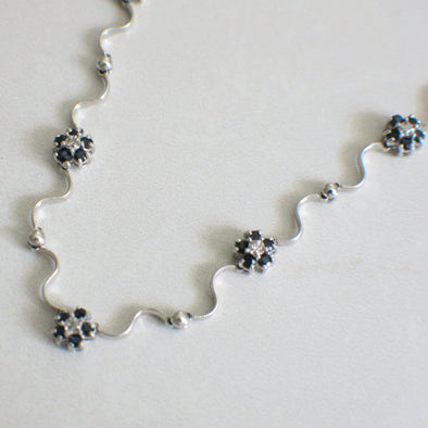 14K White Gold Sapphire & Diamond Station Necklace – Floral Beaded Design, 16” Length, Natural Stones