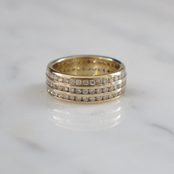 18K Yellow Gold Triple Row Diamond Ring – 1.08 CTW Channel Set Eternity Band, Wedding or Statement, Size 6