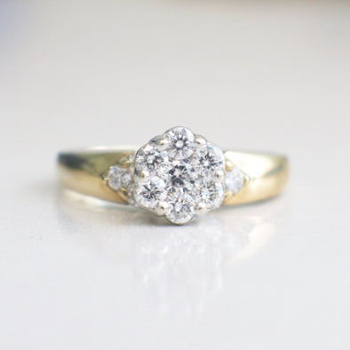 14K Two Tone Diamond Cluster Ring | Vintage Floral Engagement Ring