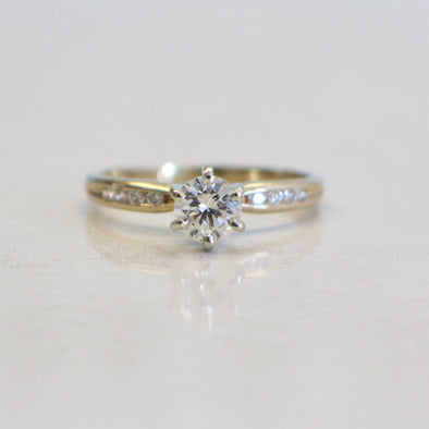14K Yellow Gold Diamond Engagement Ring with Channel Set Accents, Six Prong Solitaire Ring