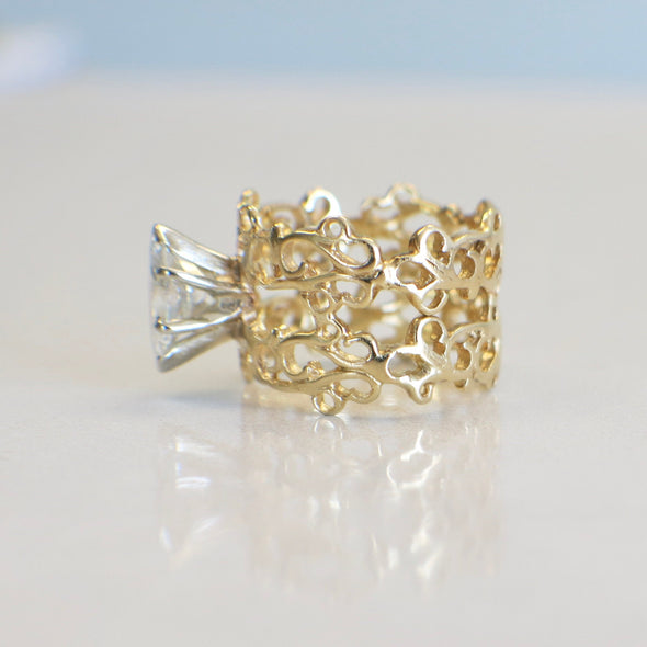 18K Yellow Gold Scroll Wide Band Ring – 1.00 CT Marquise Diamond Solitaire, Handmade Design, Size 7