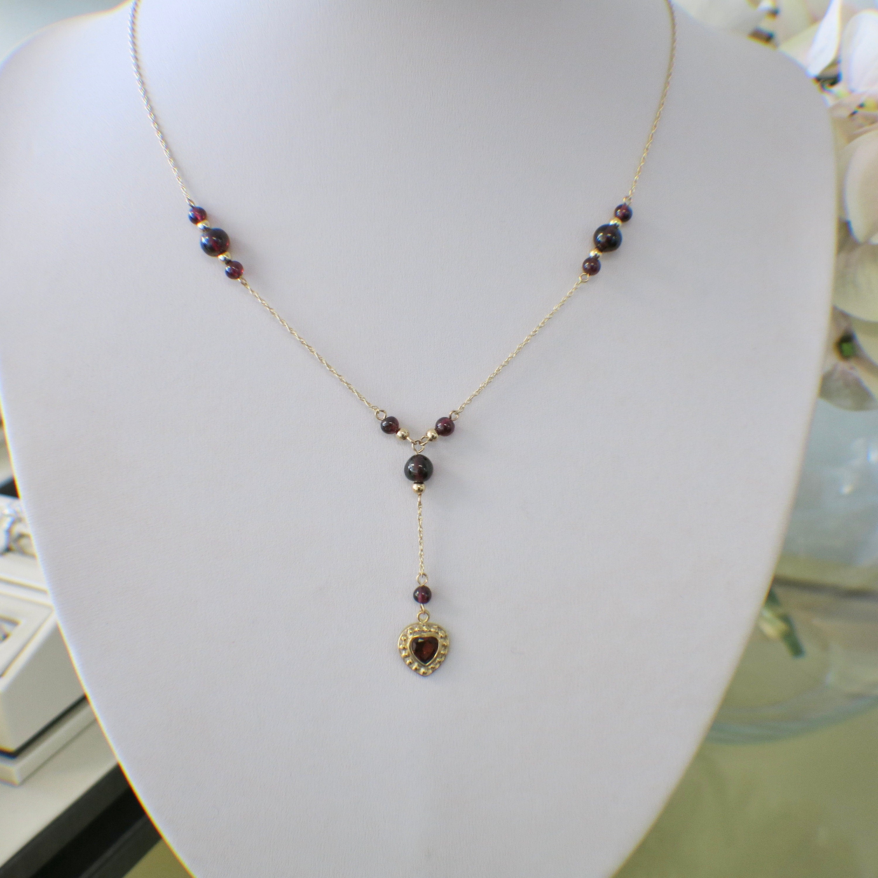 14K Gold Garnet Bead Drop Necklace with Heart Charm | Rhodolite Garnet Dangle - Black Market LLC