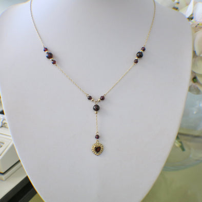 14K Gold Garnet Bead Drop Necklace with Heart Charm | Rhodolite Garnet Dangle