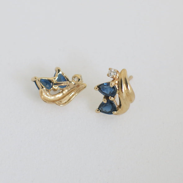 14K Gold Sapphire Earrings with Diamonds Vintage Yellow Gold Studs