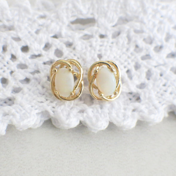 14K Yellow Gold White Opal Stud Earrings | Vintage Oval Cabochon Twist Design