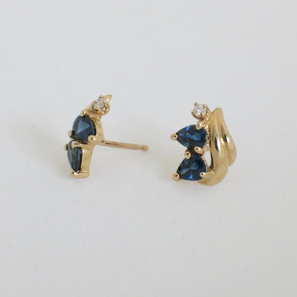 14K Gold Sapphire Earrings with Diamonds Vintage Yellow Gold Studs