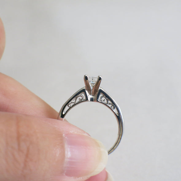14K White Gold Princess Cut Diamond Engagement Ring with Accented Band, Vintage Milgrain Setting
