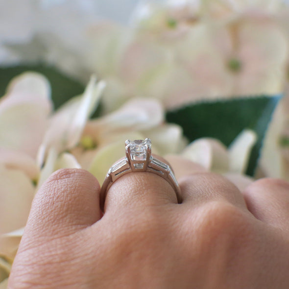 Platinum Three Stone Diamond Engagement Ring | Vintage Round & Baguette 1.06 CTW Size 6