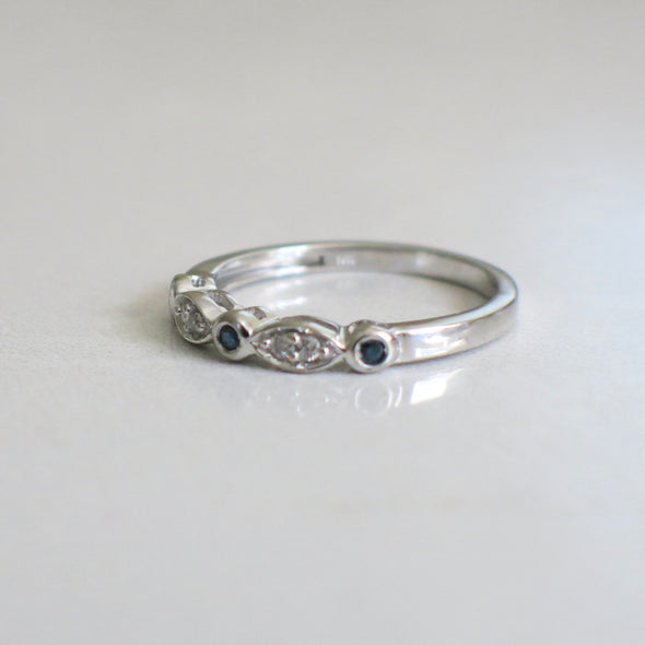 10K White Gold Diamond and Sapphire Band Vintage Bezel Stackable Ring