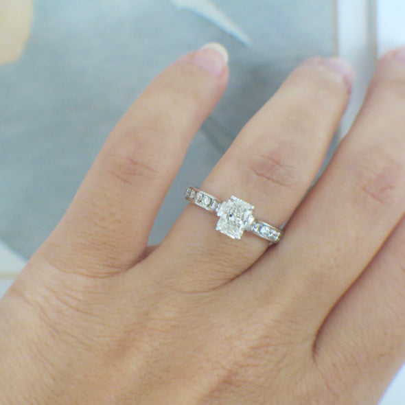14K White Gold Radiant Cut Diamond Engagement Ring – 1.61 CTW, Channel Set Band, Cathedral Style, Size 7.5