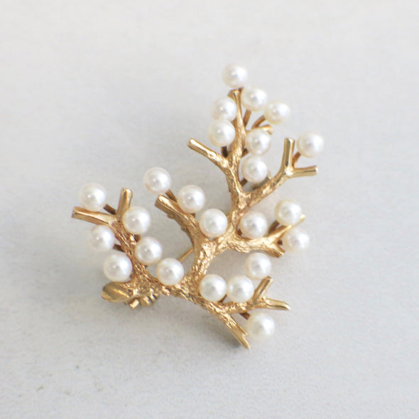 14K Yellow Gold Vintage Pearl Branch Brooch | Textured Gold Leaf Pin with Pearls