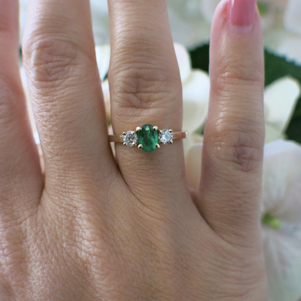 14K Yellow Gold Emerald and Diamond Three-Stone Ring | Classic Engagement or Anniversary