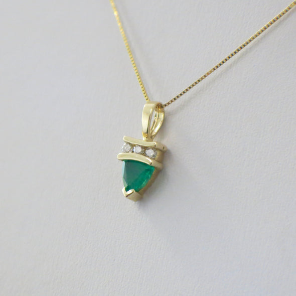 14K Yellow Gold Trillion Emerald and Diamond Pendant | Box Chain Necklace
