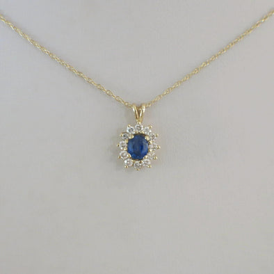 14K Yellow Gold Oval Sapphire and Diamond Halo Necklace Pendant, Blue Gemstone Gift, Something Blue