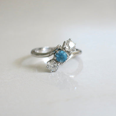 14K White Gold Aquamarine and Diamond Bypass Ring – Vintage Three Stone Ring, Size 8