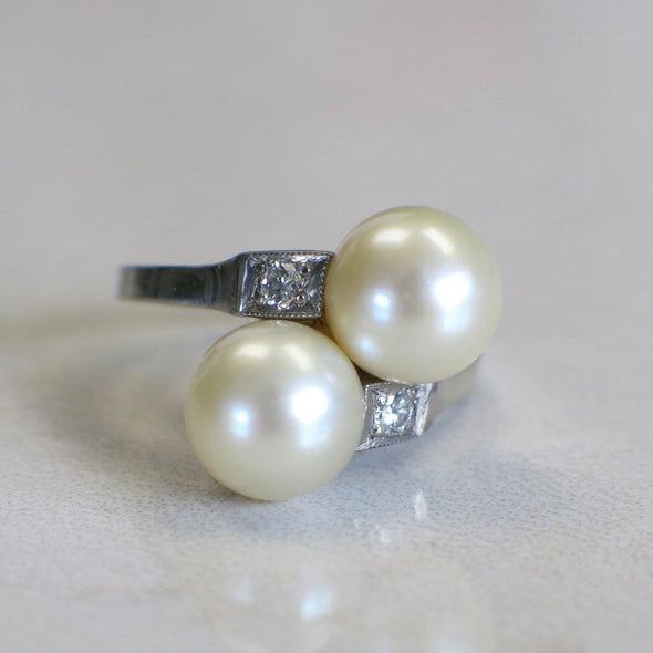 Vintage Pearl and Diamond Ring | 14K White Gold Two Stone Milgrain Design