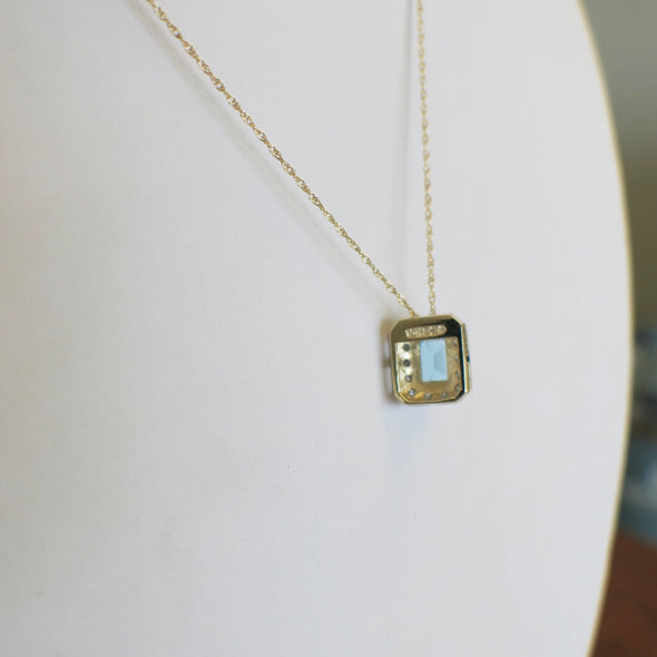 10K Gold Swiss Blue Topaz Necklace with Diamond Halo Pendant 18 Inch