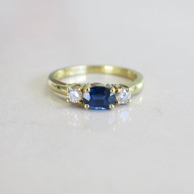 18K Yellow Gold Sapphire and Diamond Three Stone Ring | East-West Sapphire Engagement Ring