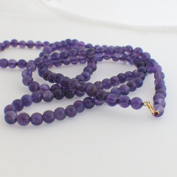 14K Gold Amethyst Beaded Necklace | Long 32 Inch Strand