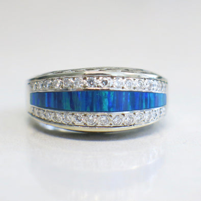 14K White Gold Australian Opal Inlay and Diamond Band, Vintage Filigree Ring