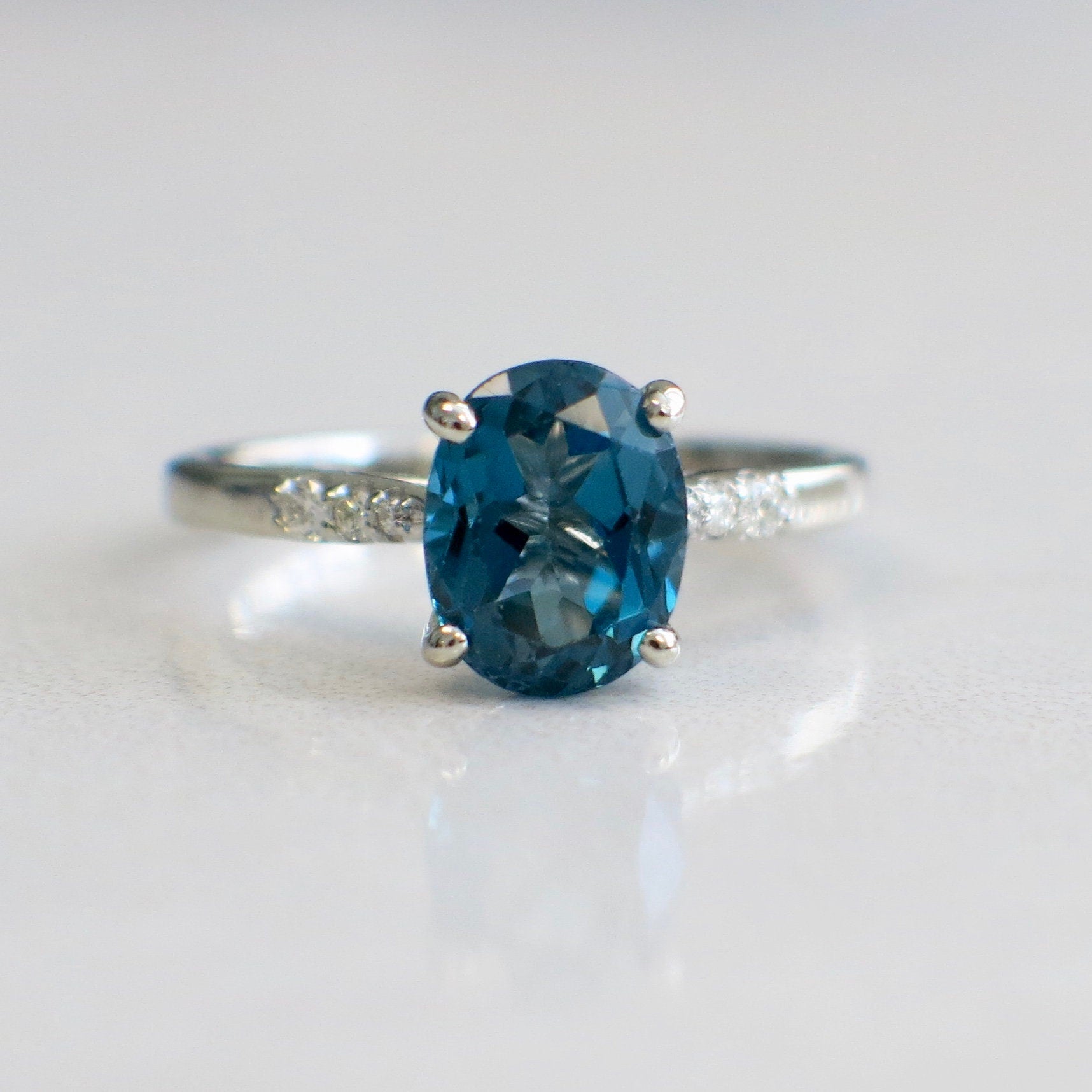 14K White Gold Oval Blue-Green Topaz & Diamond Ring | 9x7mm Alternative Engagement or Gift Size 7 - Black Market LLC