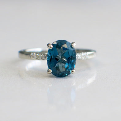 14K White Gold Oval Topaz and Diamond Ring Blue Green Engagement or Gift