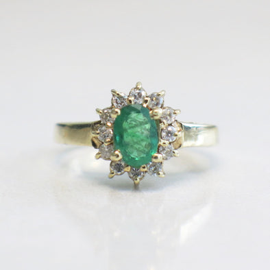 14K Yellow Gold Emerald and Diamond Halo Ring | Oval May Birthstone Size 3.75