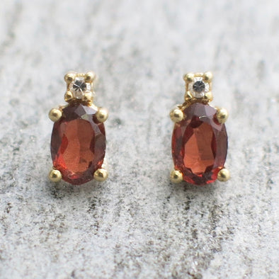 14K Gold Garnet and Diamond Stud Earrings Vintage January Birthstone