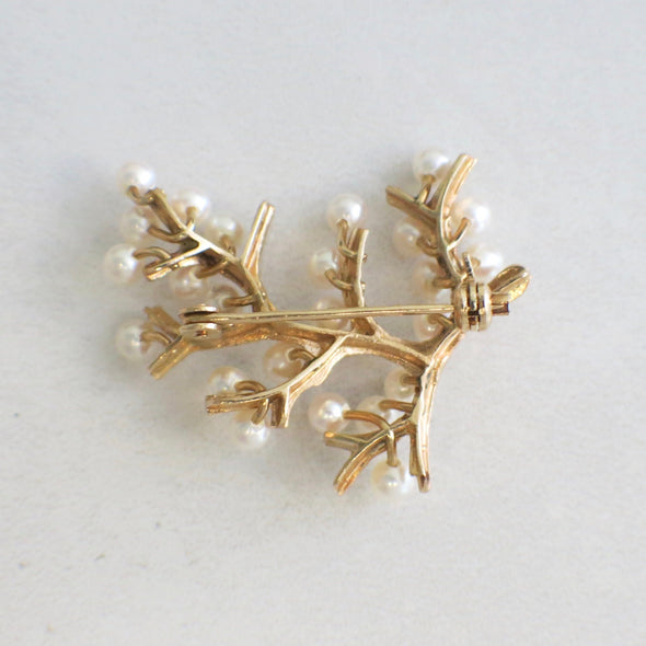 14K Yellow Gold Vintage Pearl Branch Brooch | Textured Gold Leaf Pin with Pearls