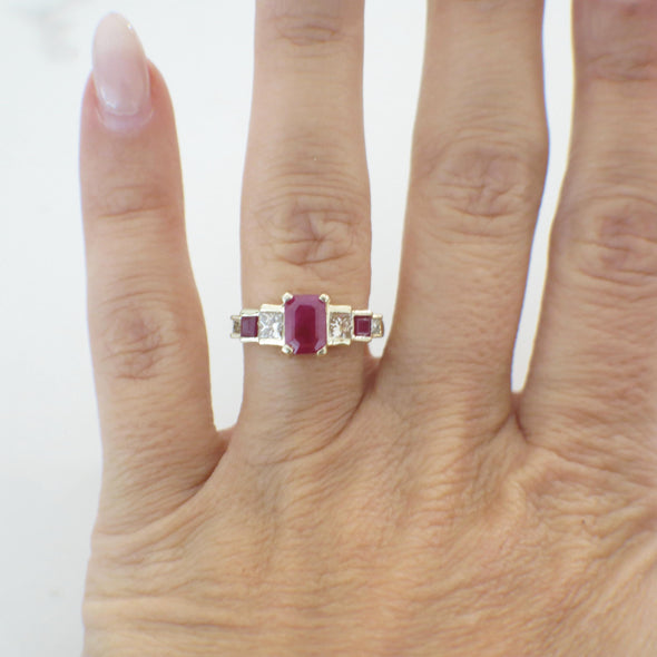 14K Yellow Gold Ruby and Diamond Ring | Emerald Cut Ruby with Side Accents Size 6.75