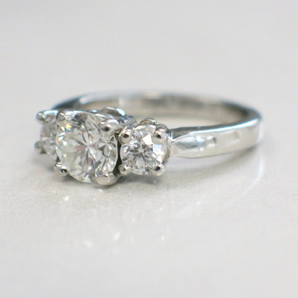 Platinum Three Stone Diamond Engagement Ring 0.95ct Center SI1 E-F 1.35ctw Classic Style Size 4.5 Bright White Round Cut