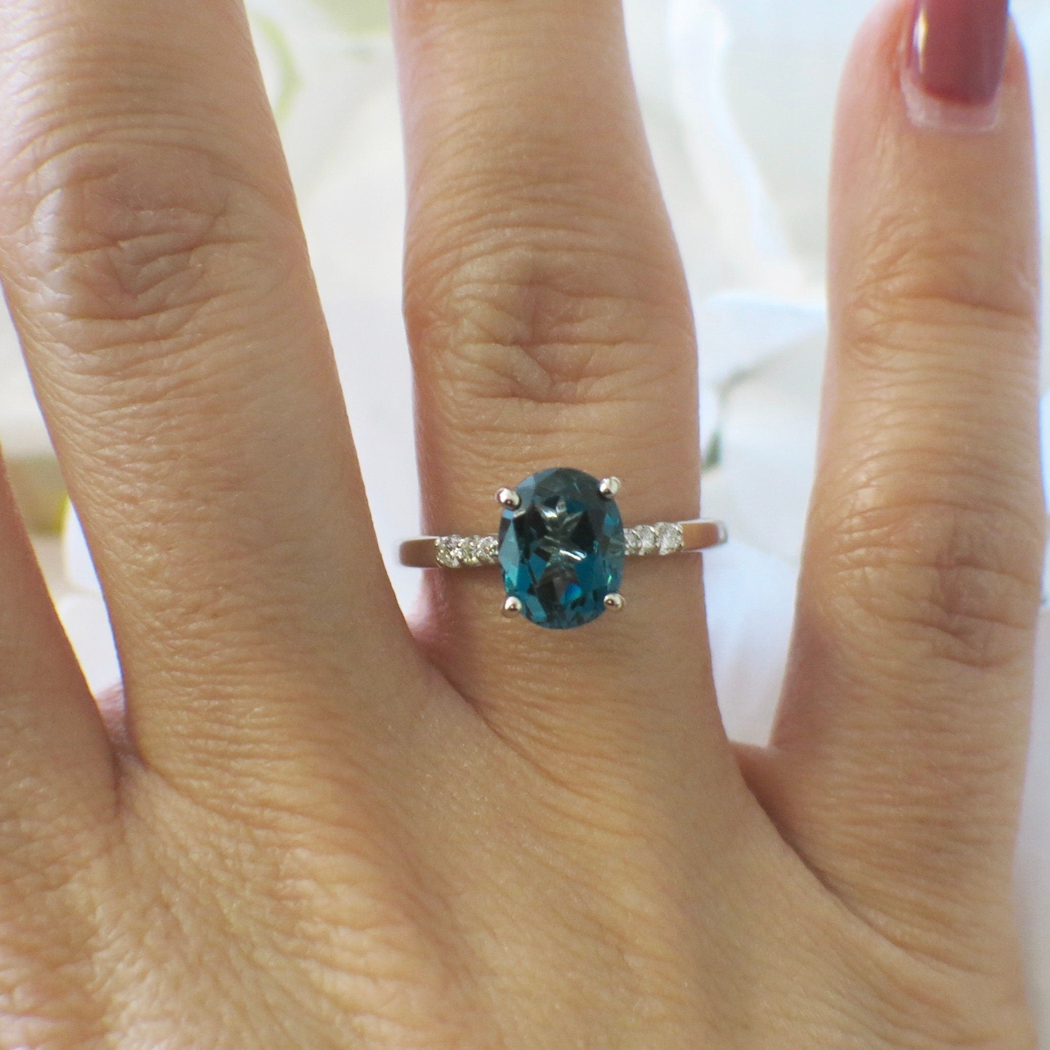 14K White Gold Oval Blue-Green Topaz & Diamond Ring | 9x7mm Alternative Engagement or Gift Size 7 - Black Market LLC