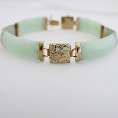 Vintage Jade Bracelet | 14K Yellow Gold Chinese Symbol Bar & Panel Design 7 Inch
