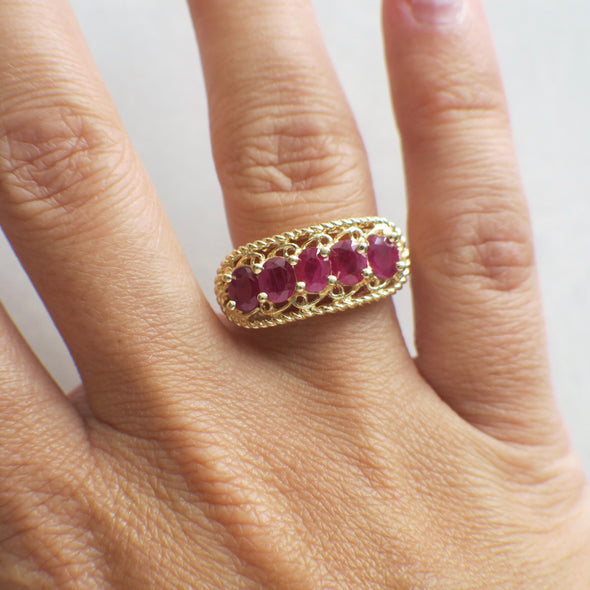 Vintage Ruby Five Stone Ring 14K Yellow Gold Oval Cut Wide Band