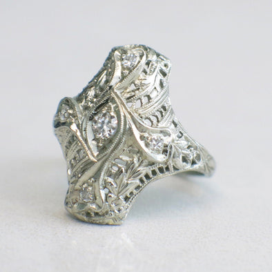 Vintage 18K White Gold Edwardian Filigree Diamond Ring Art Deco Size 3 Vintage Engagement Ring