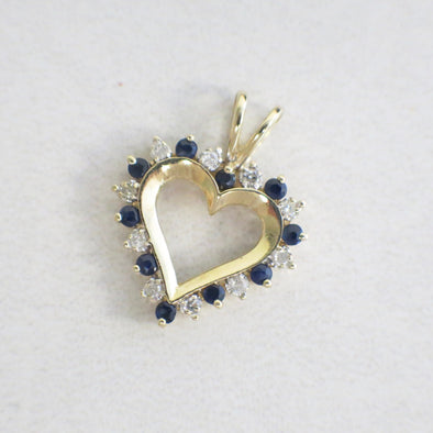 10K Yellow Gold Diamond Sapphire Open Heart Pendant Vintage Love Jewelry