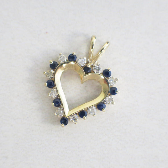 10K Yellow Gold Diamond Sapphire Open Heart Pendant Vintage Love Jewelry