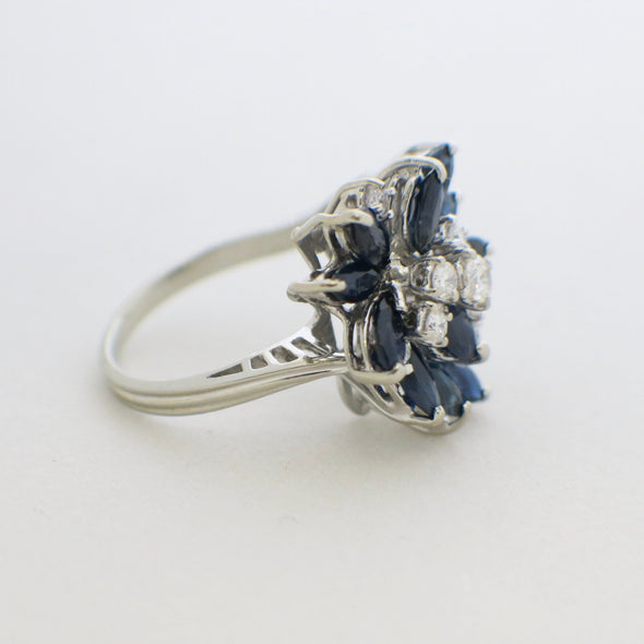 18K White Gold Marquise Sapphire and Diamond Cluster Ring | Vintage Alternative Engagement Ring | Blue Gemstone Statement Ring