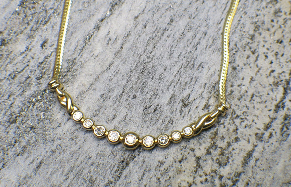 14K Yellow Gold Diamond Bar Necklace | Graduated Bezel-Set Curve with 9 Diamonds 17 Inch
