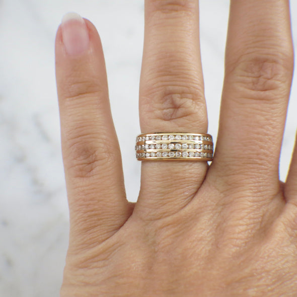 18K Yellow Gold Triple Row Diamond Ring – 1.08 CTW Channel Set Eternity Band, Wedding or Statement, Size 6