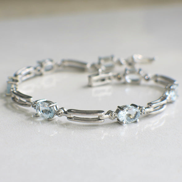 10K White Gold Light Blue Glass and Diamond Link Bracelet 7 Inch Oval Stones