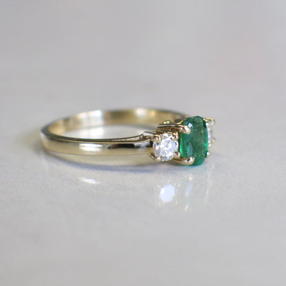 14K Yellow Gold Emerald and Diamond Three-Stone Ring | Classic Engagement or Anniversary
