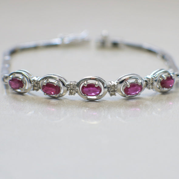 14K White Gold Ruby and Diamond Bracelet | 7 Inch Oval East West Ruby Tennis Style | Vintage Gemstone Bracelet | 8.1g