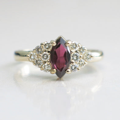 14K Gold Marquise Garnet Ring with Diamond Clusters Vintage Style 6.5