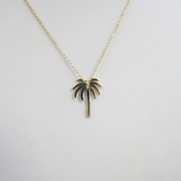 14K Yellow Gold Diamond Palm Tree Necklace – Beach Pendant, 16 Inch Chain